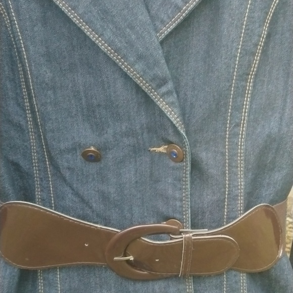 Joujou Womens Jean Jacket Blue Denim Double Breasted Collar Belted size Large - Picture 6 of 15